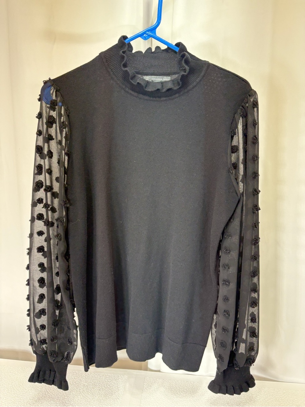Adrianna Papell Black Ruffle Mock-Neck Sweater with Pom-Pom Sheer Sleeves 3886